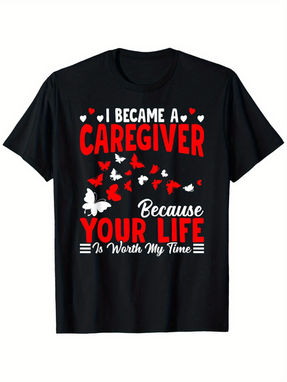 Men's Graphic T-Shirt I Became A Caregiver Red Hearts With Flying Butterfly And Bold Text Shirt