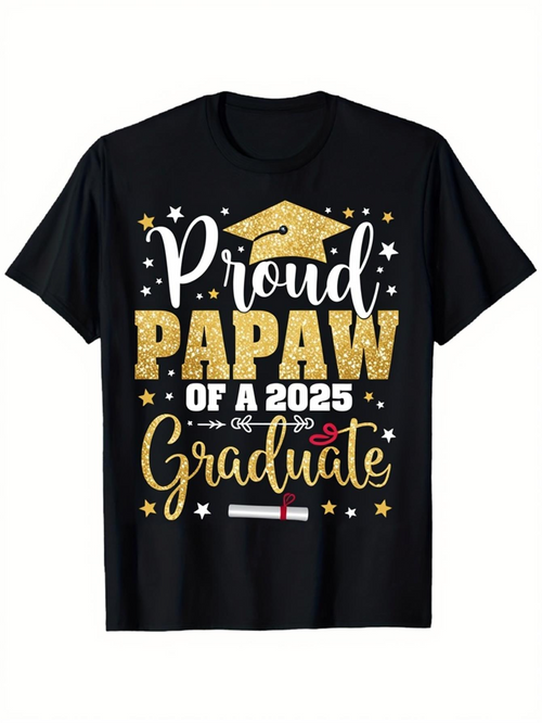 Men's Graphic T-Shirt Proud Papaw Of A 2025 Graduate With Gold Graduation Cap Stars Diploma