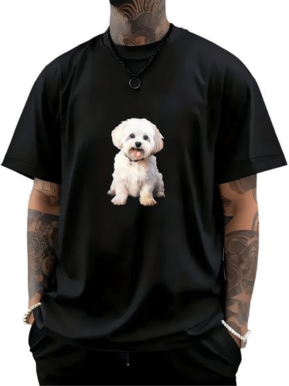 Men's Graphic T-Shirt Fluffy White Puppy Sitting Cheerfully On Soft Black T Shirt