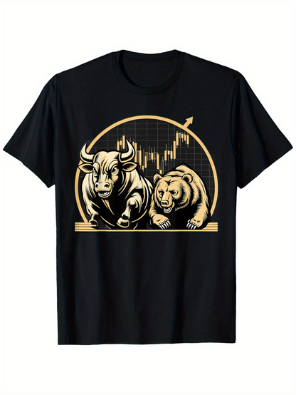 Men's Graphic T-Shirt Gold Chart Pattern With Bull And Bear In Front