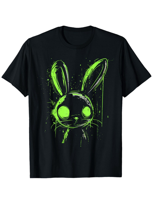 Men's Graphic T-Shirt Neon Green Paint Splatter With Glowing Eyes Stylized Rabbit Face