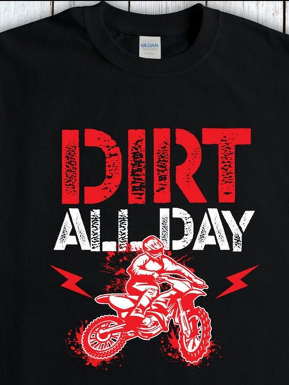 Men's Graphic T-Shirt Dirt All Day With Red Motorbike Rider Surrounded By Graphic Lightning Motif