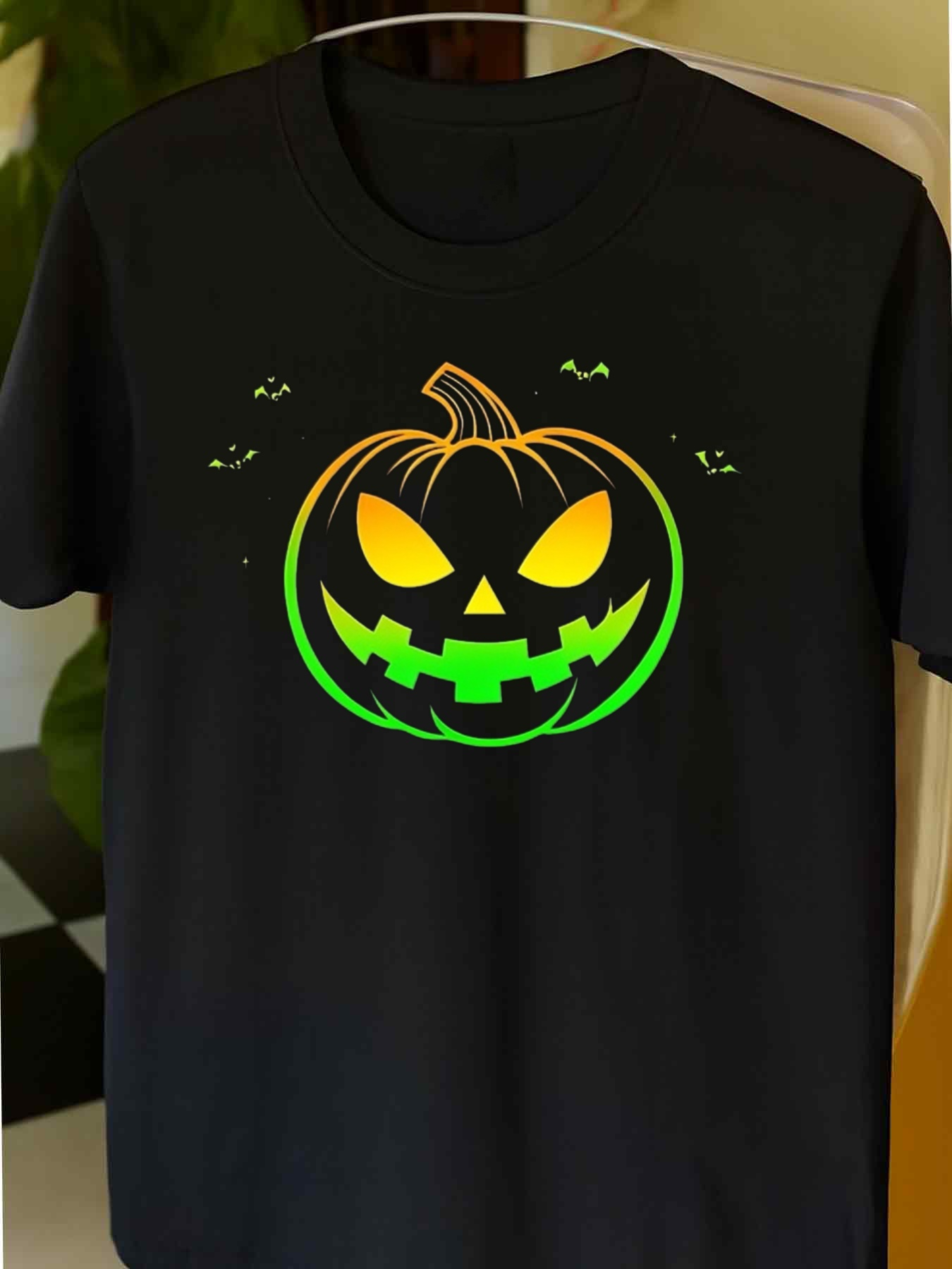 Men's Graphic T-Shirt Glowing Green Halloween Lights Eerie Smiling Pumpkin Under Midnight Sky