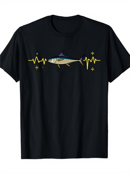 Men's Graphic T-Shirt Yellow Pulse Line With Shimmering Blue Gray Fish