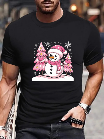 Men's Graphic T-Shirt Sparkling Snow Winter Night With Pink Trees And Joyful Snowman