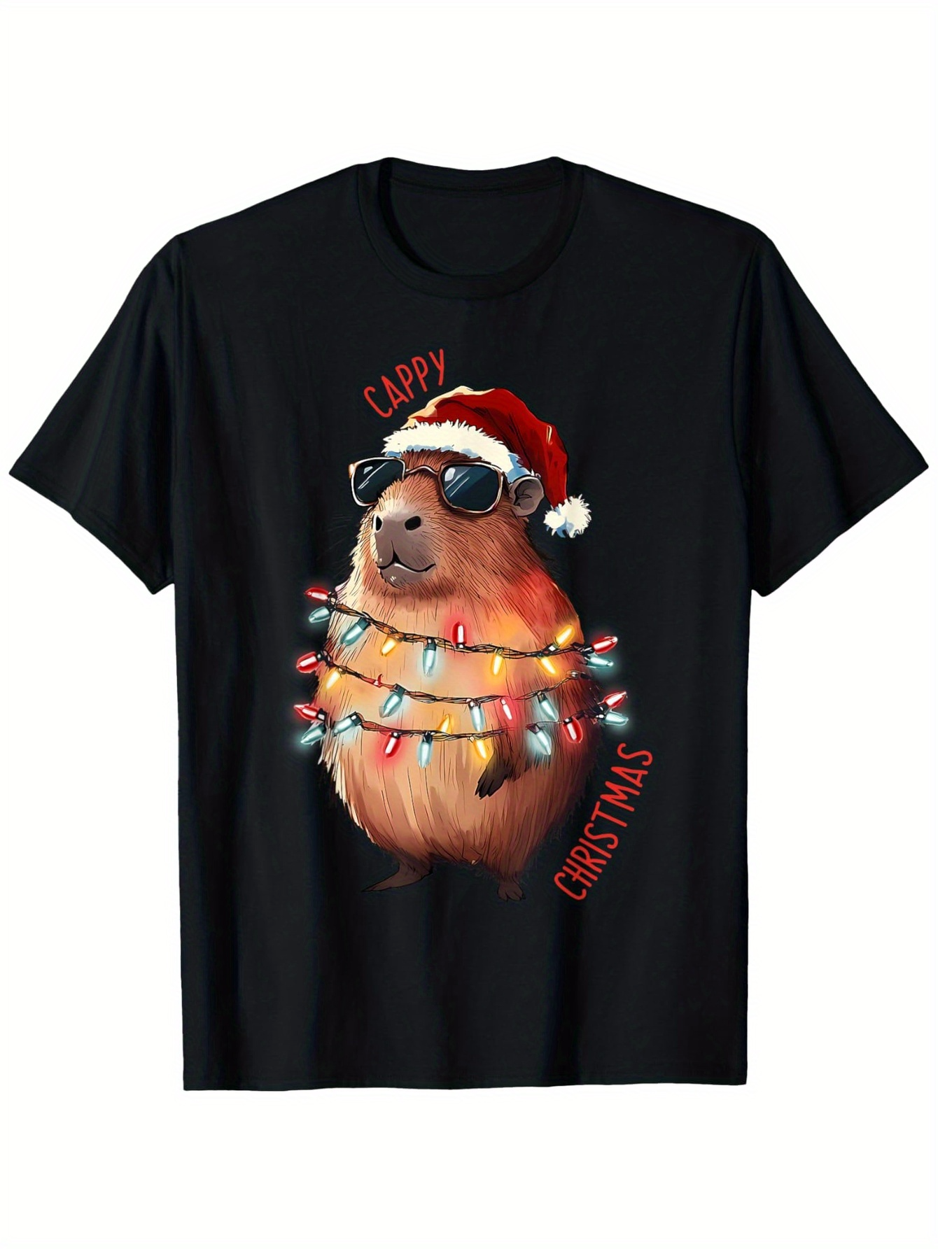 Men's Graphic T-Shirt Capy Christmas Lights Wrapped Festive Capybara Wearing Sunglasses