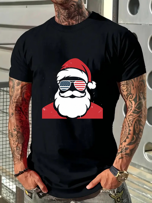 Men's Graphic T-Shirt Hipster Santa With Tricolor Sunglasses And Festive Holiday Hat Santa