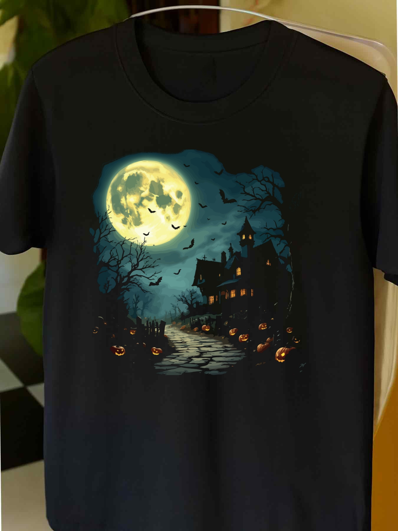 Men's Graphic T-Shirt Glowing Full Moon Over Haunted Castle With Bats And Spooky Trees