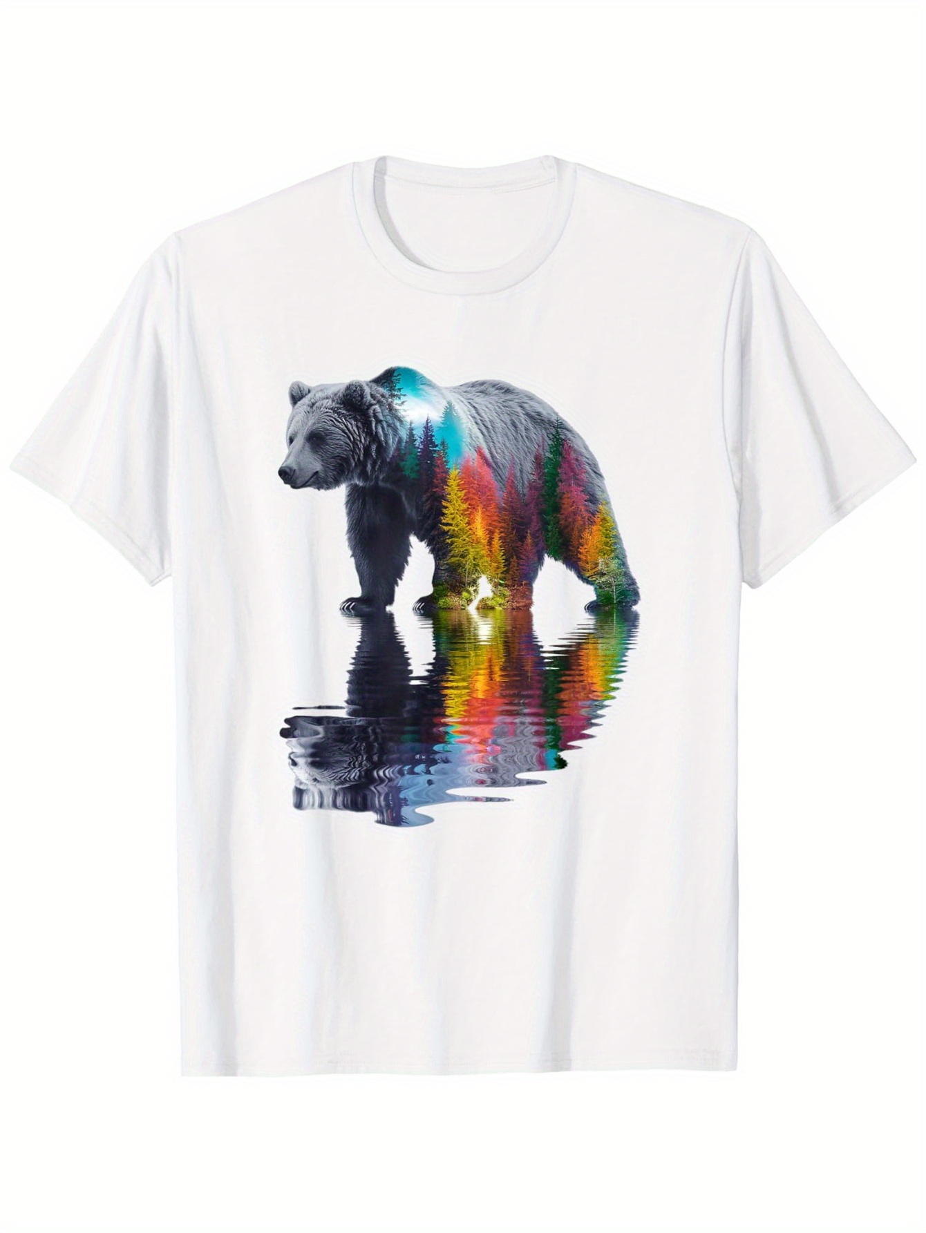 Men's Graphic T-Shirt Colorful Reflections Of Majestic Grizzly Bear In Tranquil Water Bear
