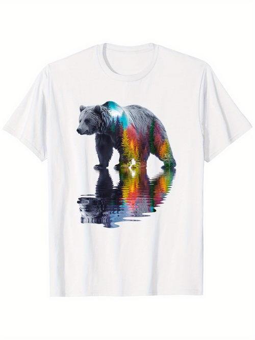 Men's Graphic T-Shirt Colorful Reflections Of Majestic Grizzly Bear In Tranquil Water Bear