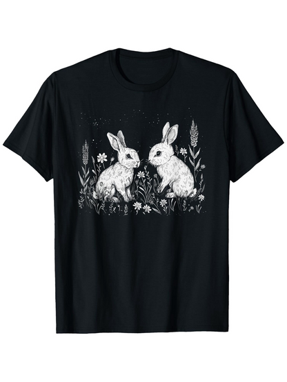 Men's Graphic T-Shirt Botanical Foliage With Delicate Flowers And Majestic Rabbits Under Moonlit Sky Rabbit