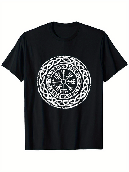 Men's Graphic T-Shirt Runic Symbols Inside Interlaced Nordic Style Circle Crest