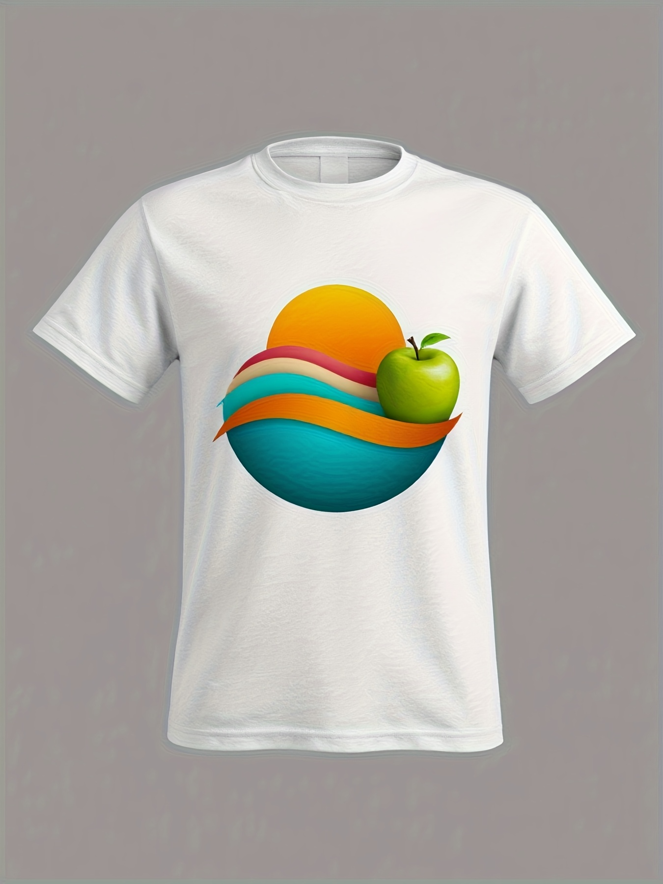 Men's Graphic T-Shirt Flowing Vibrant Waves With Rising Sun Beside Fresh Green Apple