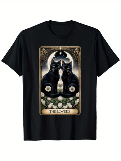 Men's Graphic T-Shirt The Lovers Vintage Tarot Card Framed Floral Black Cat