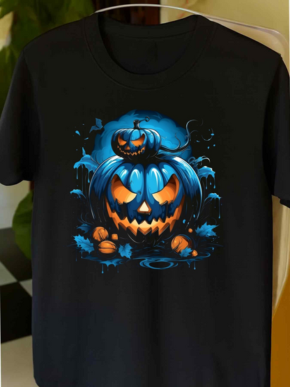 Men's Graphic T-Shirt Glowing Carved Pumpkins Amid Blue Moonlit Darkness Pumpkin