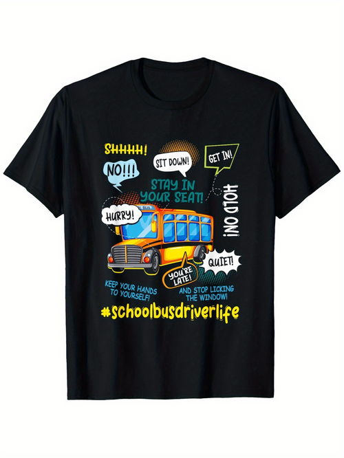 Men's Graphic T-Shirt Stay In Your Seat Colorful Cartoon Speech Bubbles Around School Bus