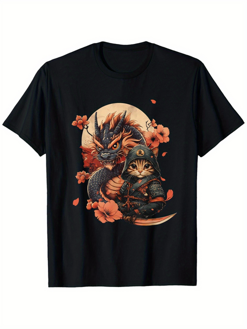 Men's Graphic T-Shirt Cherry Blossom Night With Moonlit Fierce Samurai Cat And Warrior Dragon