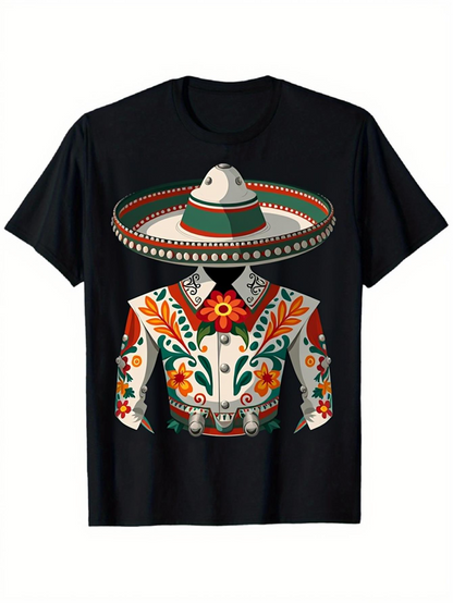 Men's Graphic T-Shirt Colorful Mexican Folk Sombrero With Decorative Embroidery And Festive Suit Design