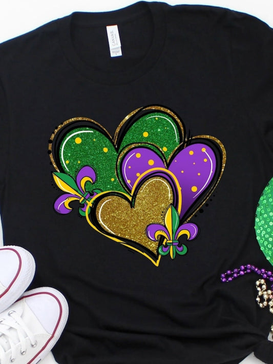 Women's Graphic T-Shirt Sparkling Glittery Hearts With Fleur De Lis On Black Tee