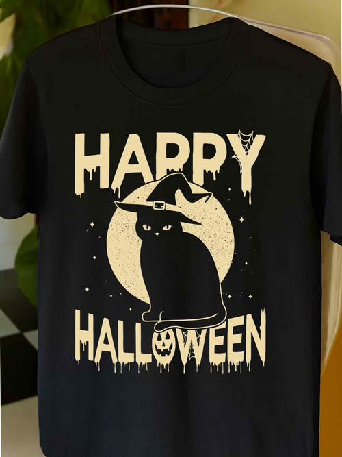 Men's Graphic T-Shirt Happy Halloween Witch Hat Black Cat Under Full Moon