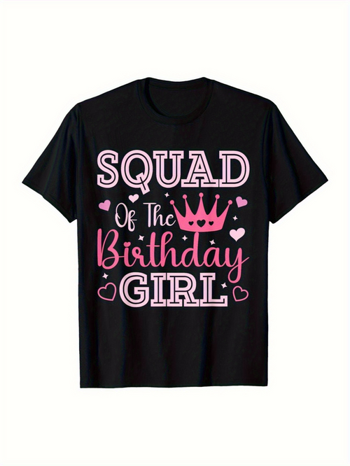 Men's Graphic T-Shirt Squad Of The Birthday Girl With A Pink Crown Surrounded By Hearts Letter Design