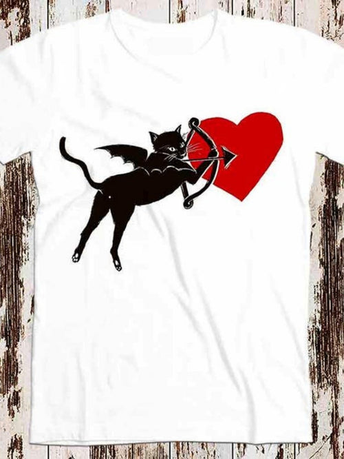 Men's Graphic T-Shirt Mischievous Cat With Wings Shooting Arrow At Bright Red Heart