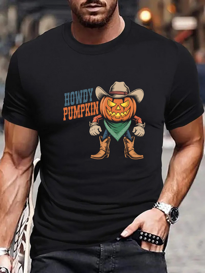 Men's Graphic T-Shirt Howdy Pumpkin Western Cowboy With Green Scarf Boots And Grinning Pumpkin Head