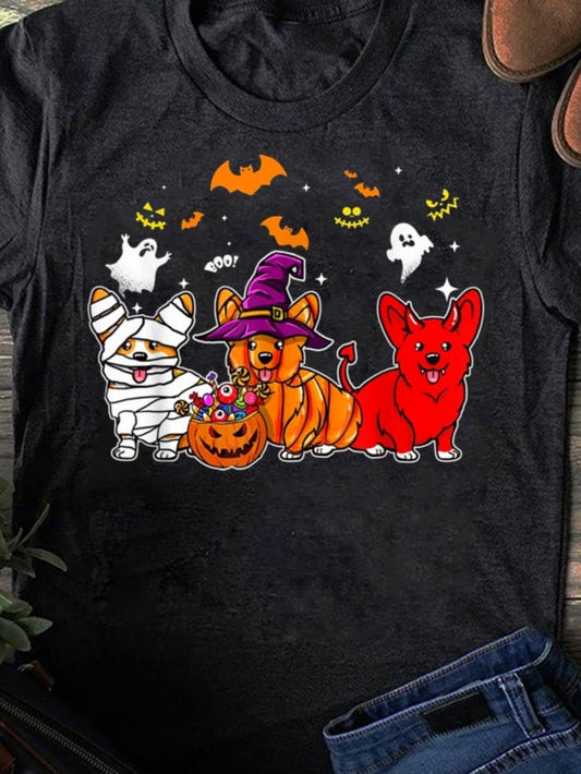 Women's Graphic T-Shirt Halloween Night With Ghosts Bats And Adorable Dogs In Costumes
