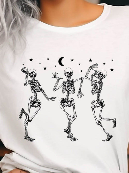 Women's Graphic T-Shirt Three Dancing Skeletons Under Crescent Moon And Scattered Stars