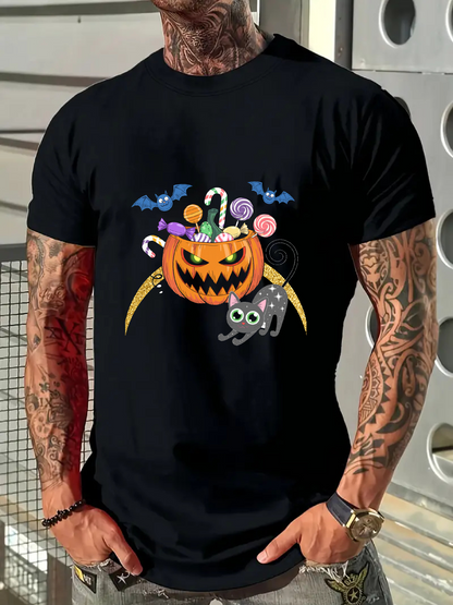 Men's Graphic T-Shirt Colorful Candies With Playful Gray Mouse And Jack O Lantern