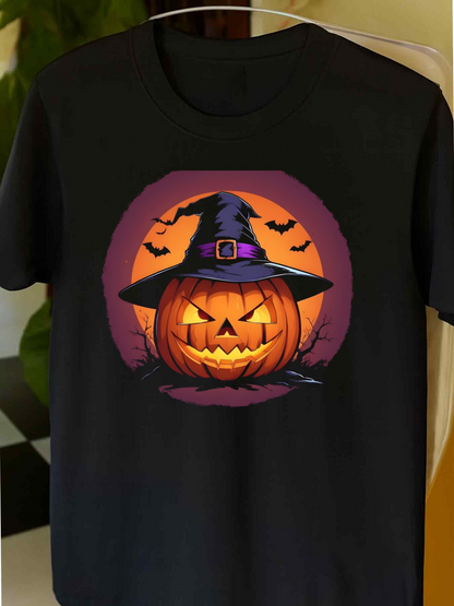 Men's Graphic T-Shirt Creepy Night With Bats Glowing Pumpkin Wearing Witch Hat