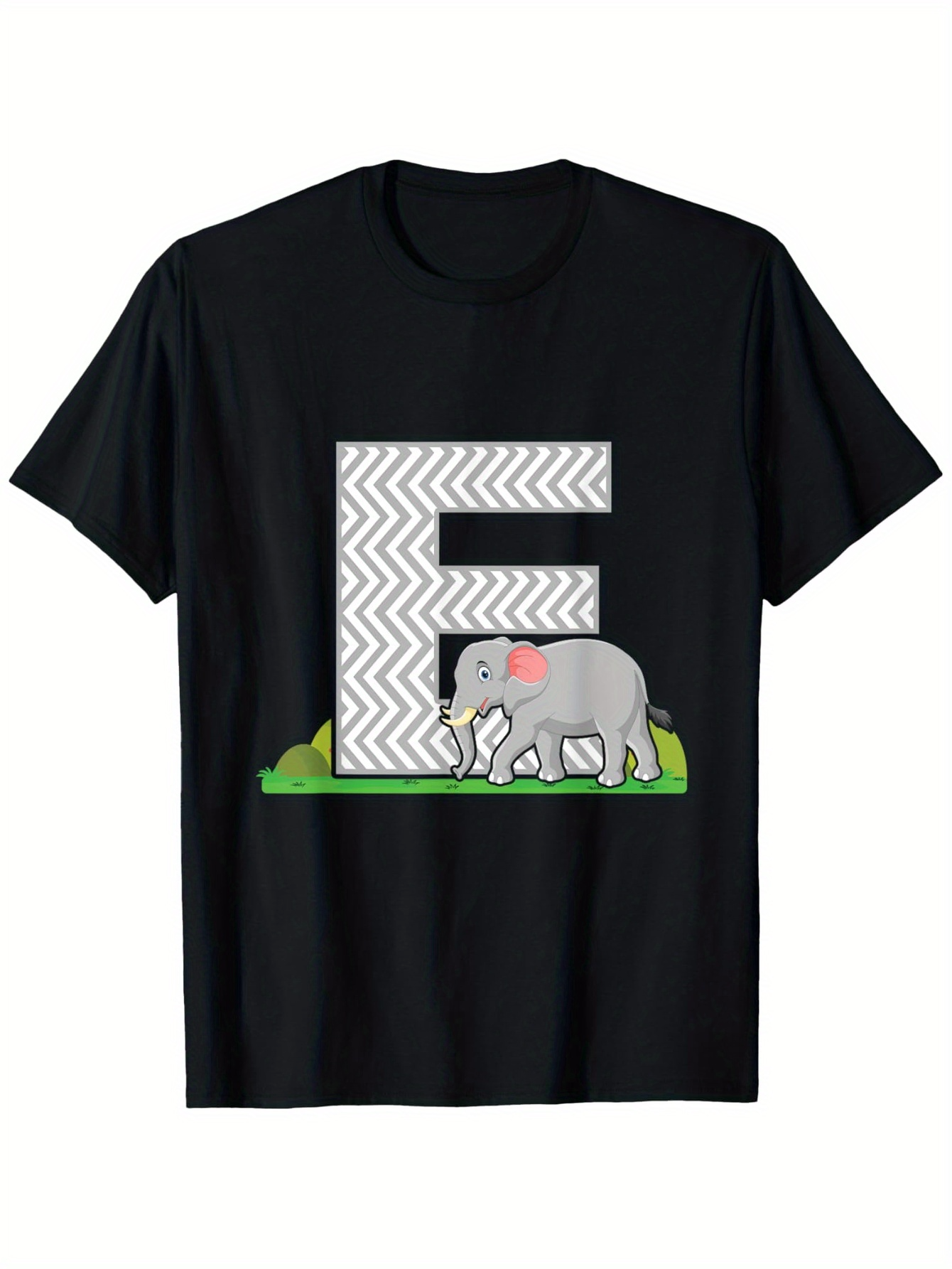 Men's Graphic T-Shirt Gray Elephant With Zigzag Letter E Standing On Green Grass