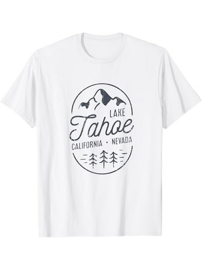 Men's Graphic T-Shirt Lake Tahoe Hand Drawn Pines With Majestic Mountains Under Soaring Birds T Shirt