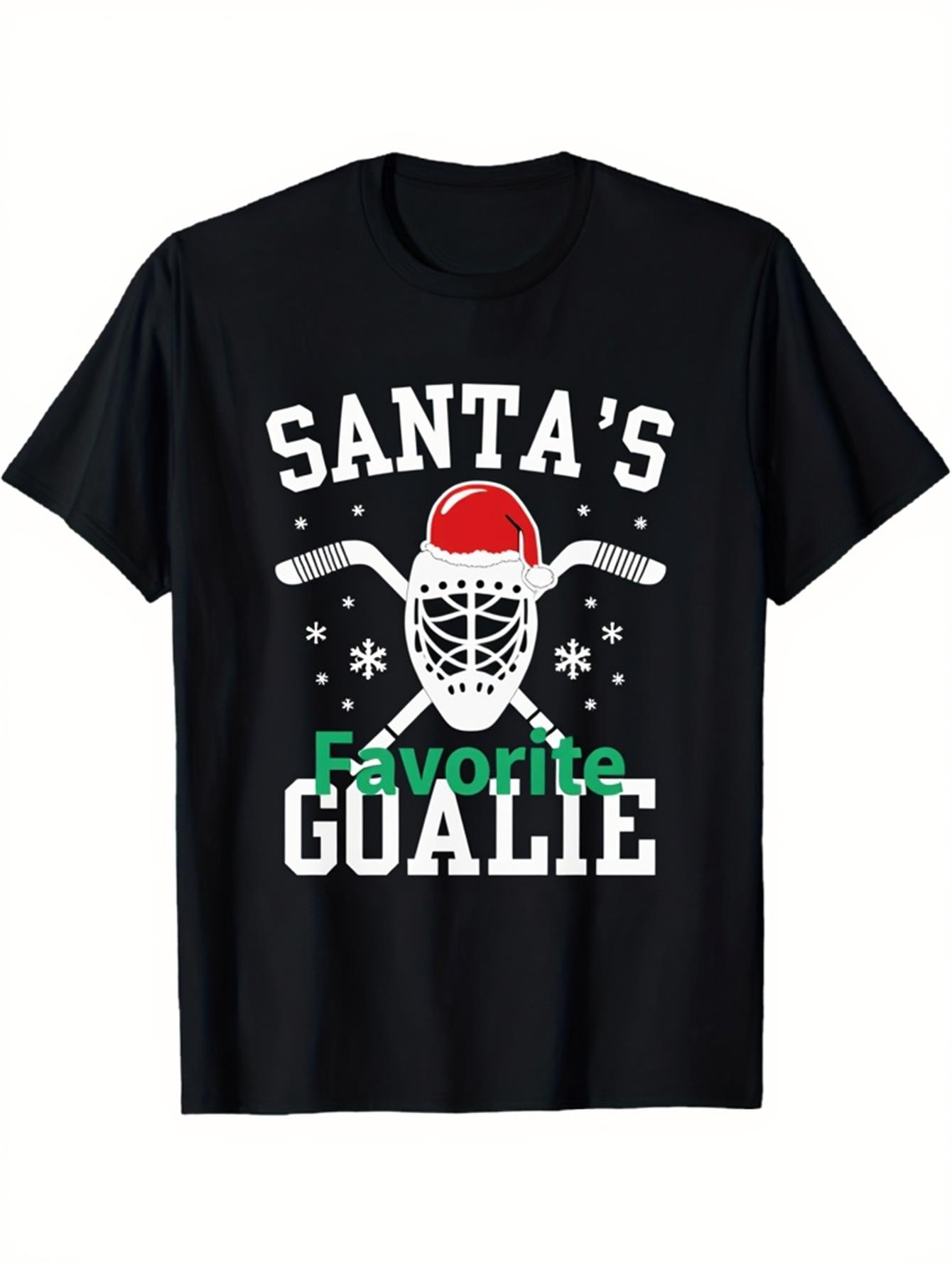 Men's Graphic T-Shirt Santas Favorite Goalie With Hockey Mask Sticks And Christmas Snowflakes