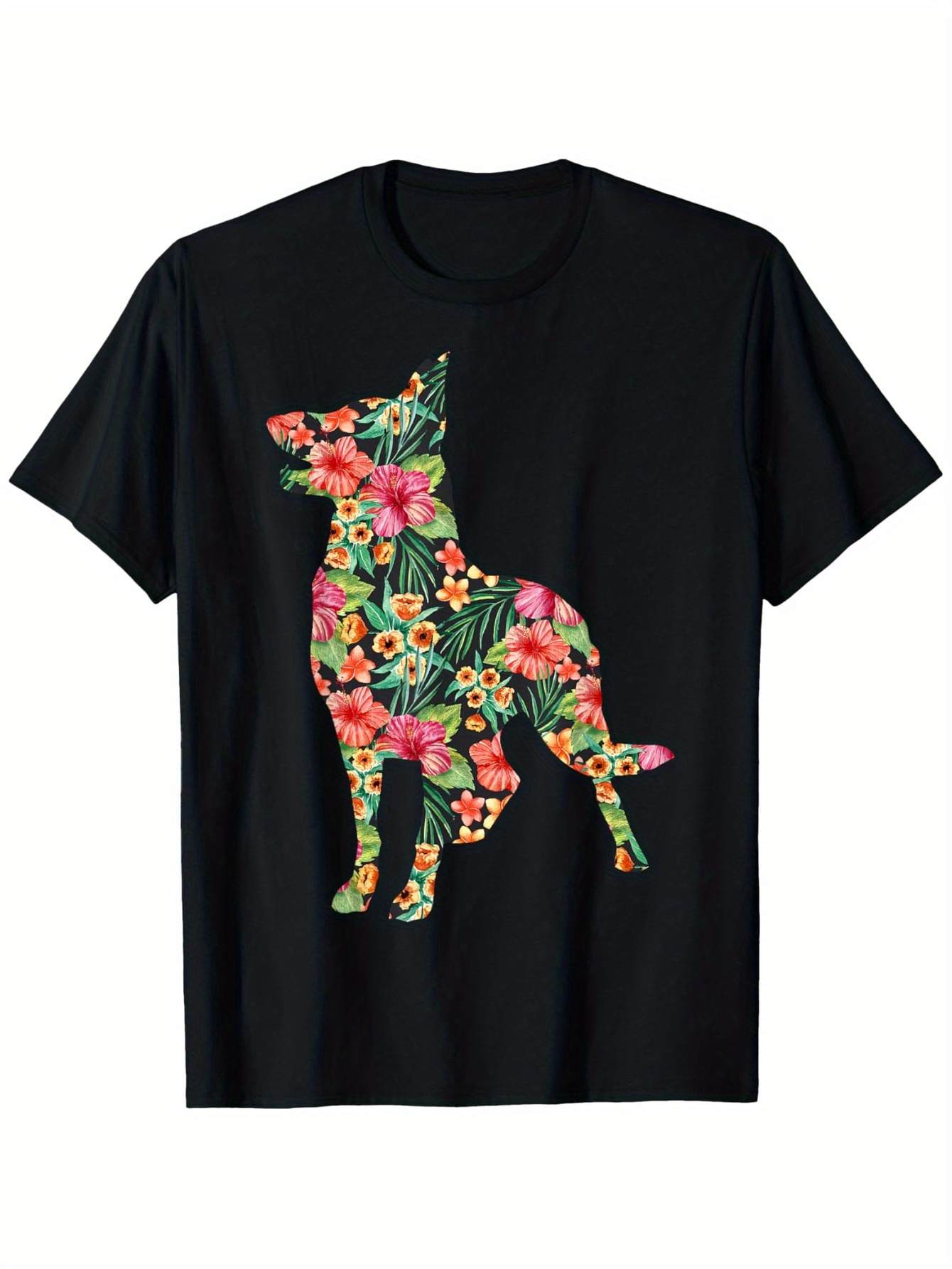 Men's Graphic T-Shirt Colorful Floral Pattern With Blooms Covering Silhouette Of Dog