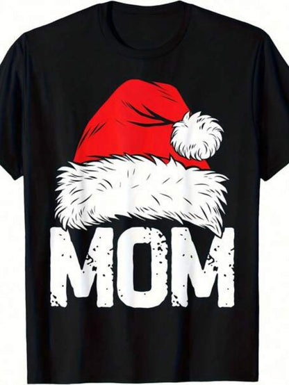 Men's Graphic T-Shirt Santa Hat With Fluffy White Trim Over Bold Festive Lettering Mom