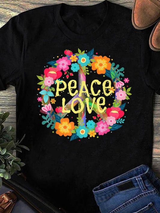 Women's Graphic T-Shirt Peace Love Vibrant Colorful Flowers Forming A Peace Symbol