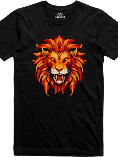 Men's Graphic T-Shirt Fiery Orange Mane With Intense Glowing Eyes Majestic Roaring Lion