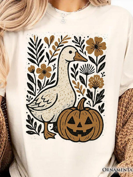 Women's Graphic T-Shirt Rustic Floral Arrangement With Pumpkin Among Autumn Goose