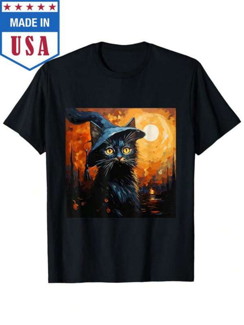 Men's Graphic T-Shirt Glowing Full Moon With Mysterious Hat Wearing Black Cat