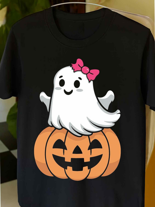 Men's Graphic T-Shirt Cute Ghost With Pink Bow Sitting Over Grinning Pumpkin