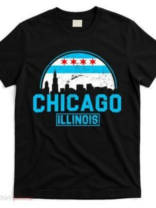 Men's Graphic T-Shirt Chicago Illinois Blue Skyline With Stars And City Silhouette