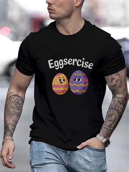 Men's Graphic T-Shirt Eggsercise Colorful Cartoon Eggs With Playful Smiling Expressions Decorative Easter Egg