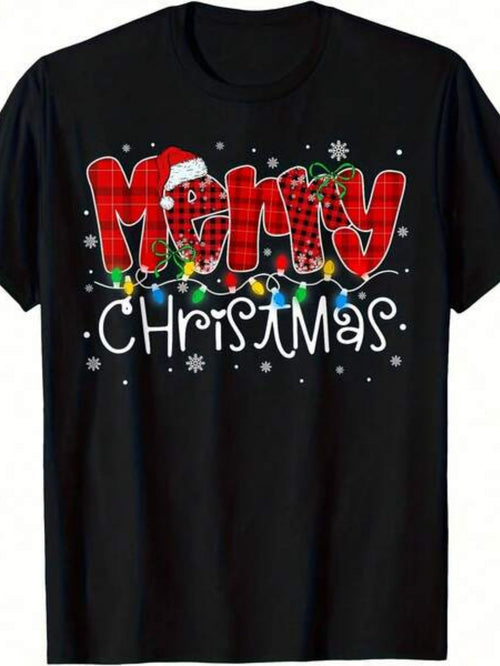 Men's Graphic T-Shirt Merry Christmas Red Plaid Lettering With Santa Hat And Festive Lights Christmas