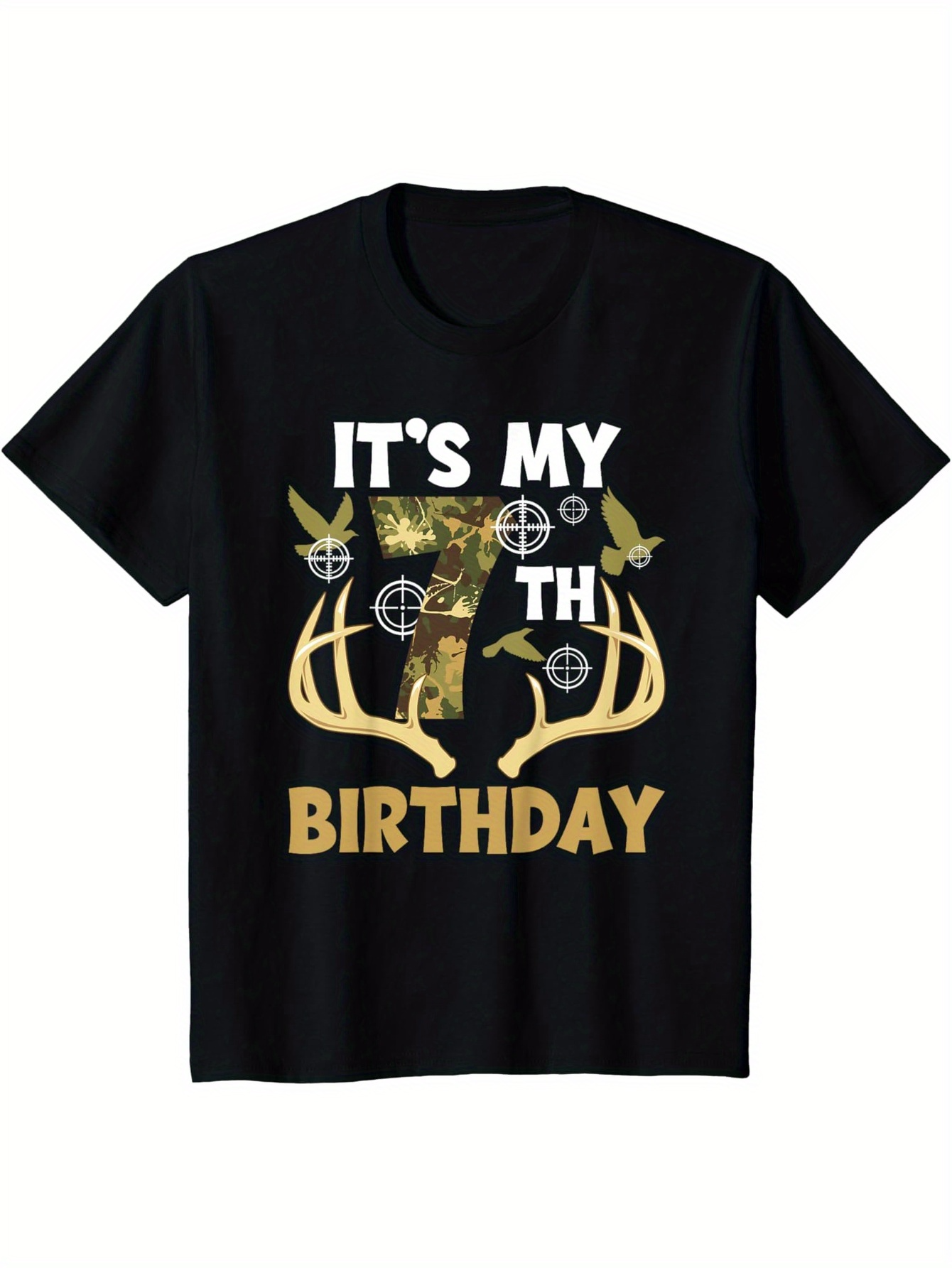 Men's Graphic T-Shirt Its My 7th Birthday Forest Camouflage Antlers With Flying Birds
