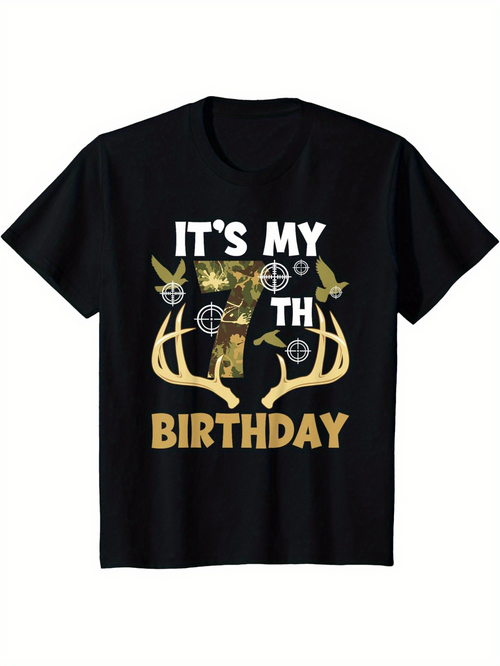 Men's Graphic T-Shirt Its My 7th Birthday Forest Camouflage Antlers With Flying Birds
