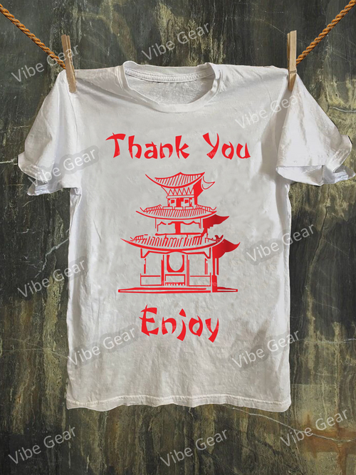Men's Graphic T-Shirt Thank You Enjoy With Red Pagoda Illustration On White Shirt