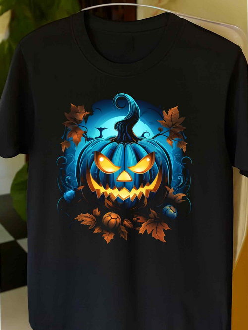 Men's Graphic T-Shirt Glowing Blue Jackolantern Surrounded By Autumn Leaves And Mysterious Mist Pumpkin