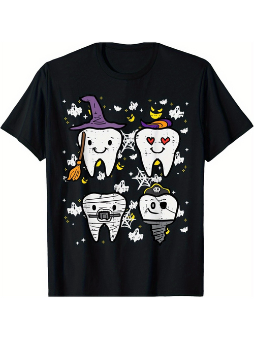 Men's Graphic T-Shirt Cartoon Teeth With Halloween Decorations Amid Whimsical Stars And Bats