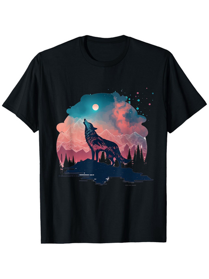 Men's Graphic T-Shirt Colorful Night Sky With Glowing Moon Over Howling Lone Wolf